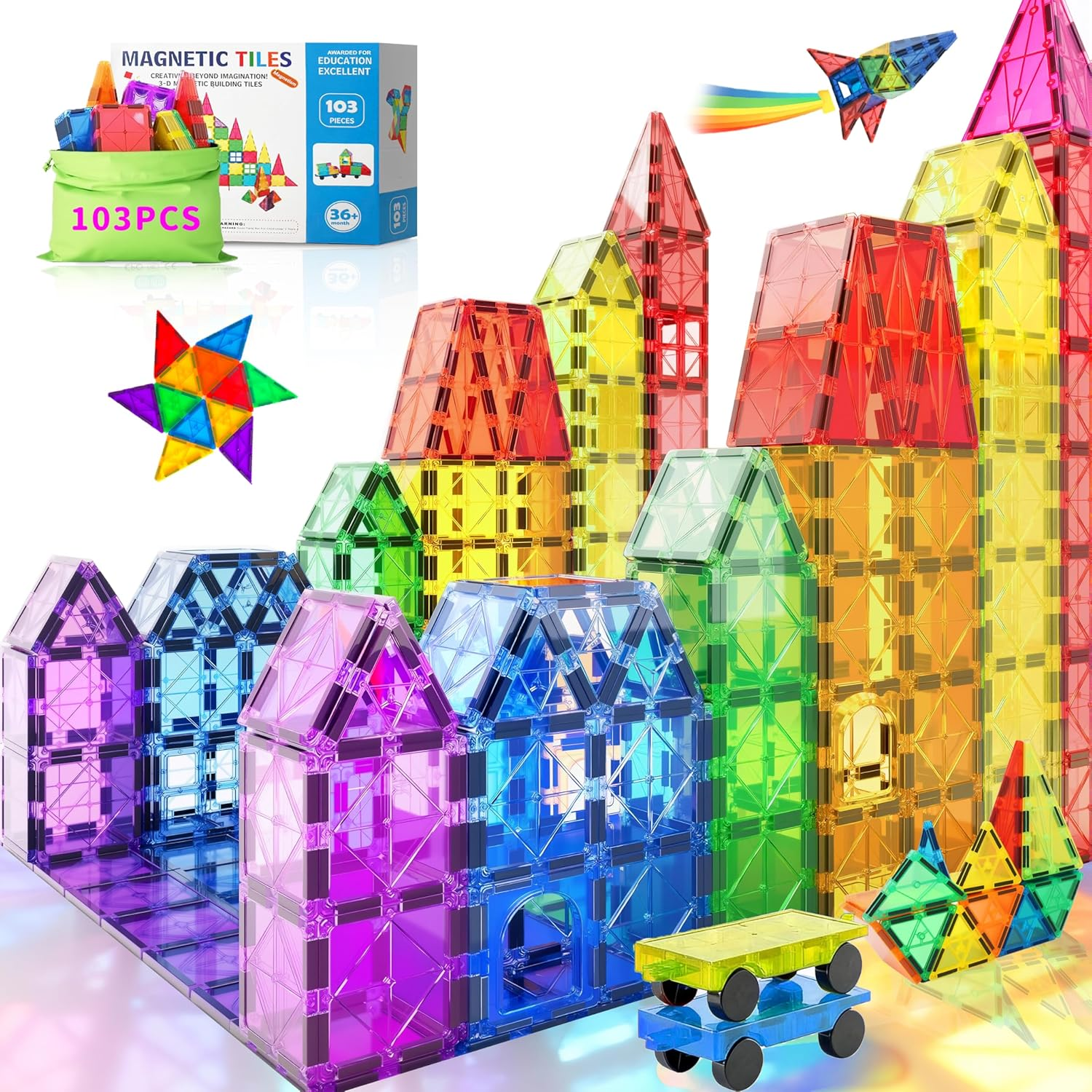 Wukon Magnetic Tiles Kids Toys - 103Pcs Magnet Building Tiles Clear Magnetic 3D Blocks Constructio Playboards, Preschool Learning Sensory Montessori Pretend Toy for 3+ Year Old Boys and Girls image number 4