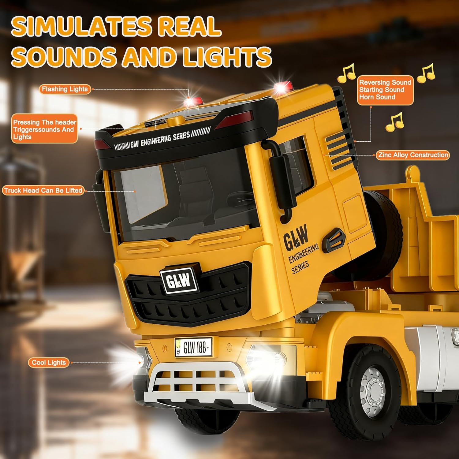 Caunedy Construction Carrier Trucks Toy Set, with Semi Truck, Excavator, Bulldozer, Alloy Engineering Vehicles, Lights & Sounds for Kids 3-7 Years Old Gift image number 2