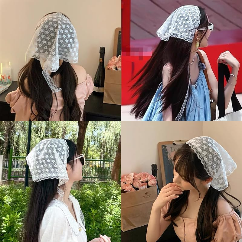 Lace Head Scarf for Women Girls Boho Flower Bandana Headband White Triangle Hair Scarfs Head Warp Lace Silk Headscarf Vintage Knit Hair Scarf for Short Long Hair Accessories image number 4