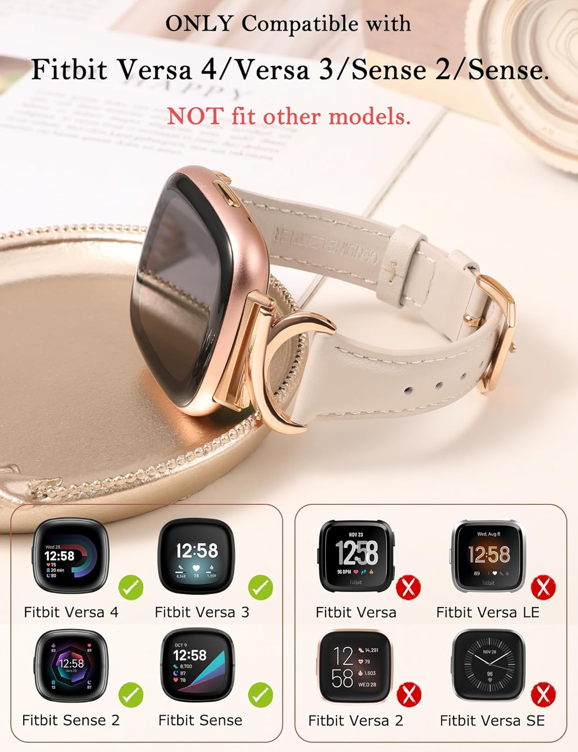 TOYOUTHS Compatible with Fitbit Versa 4/Versa 3/Sense 2/Sense Band for Women, Leather Strap Slim Dressy Bracelet with C-Shape Metal Buckle Replacement Accessories for Versa 4