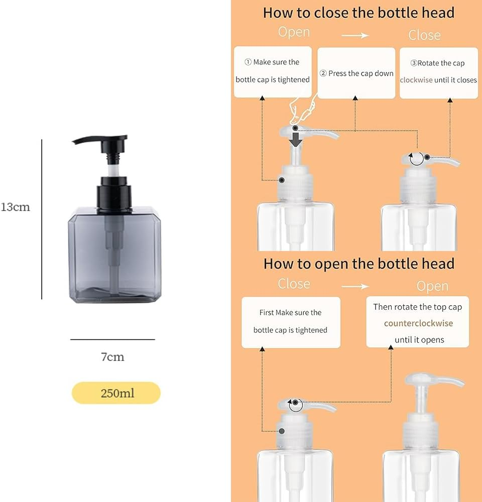 Jansburg Square Plastic Pump Bottle Dispenser Set, 250Ml, 4-Pack, Refillable for Soap, Lotion, Shampoo, Essential Oil, Bathroom, Travel image number 3