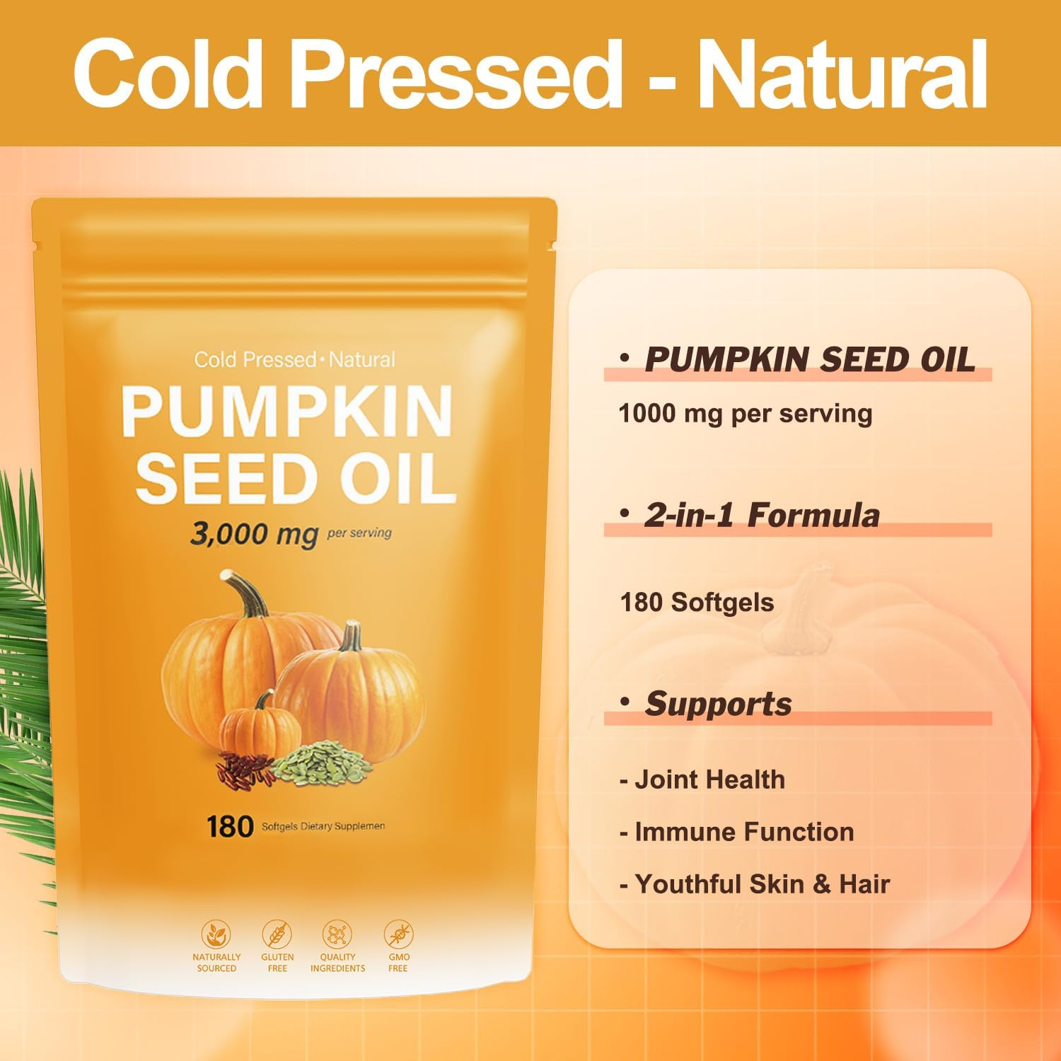 Pumpkin Seed Oil with Saw Palmetto, 3000Mg | Cold Pressed, Pure Virgin Oil, Essential Fatty Acids & Phytsterols | Non-Gmo | 180 Softgels image number 2