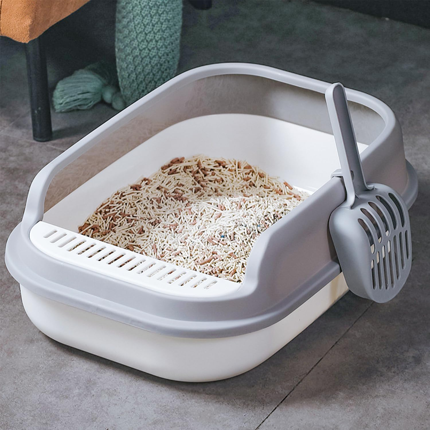 ERHAOG Cat Litter Box, 52 * 36 * 16 CM Open Top Litter Box for Big Cats and Multi-Cat Households, Scatter Shield, Easy to Clean