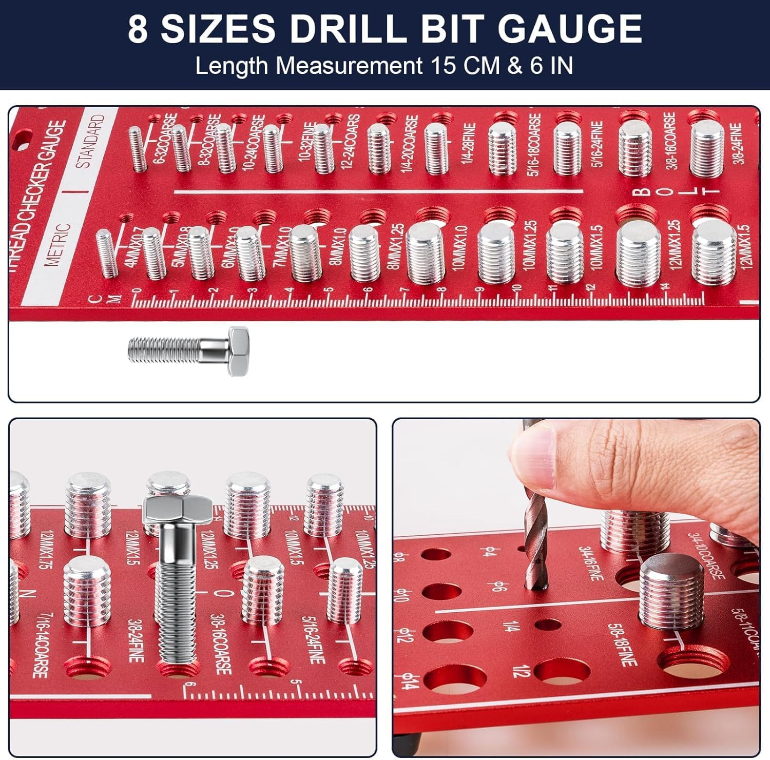 34 Thread Checker, Nut and Bolt Thread Checker, Bolt Size and Thread Gauge with 19 Standard and 15 Metric, 8 Drill Bit Gauge, Bolt and Nut Identifier Gauge Bolt Gauge Rectangular image number 6