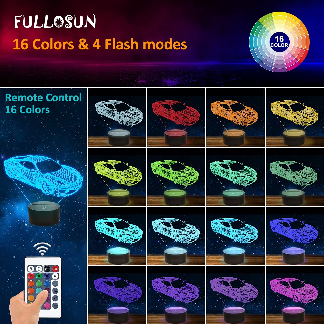 Car 3D Night Light for Kid, Sports Racing Illusion Bedside Lamp 16 Color Changing with Remote Control Dim Bedroom Decor Best Creative Birthday Men Boy Friend image number 6