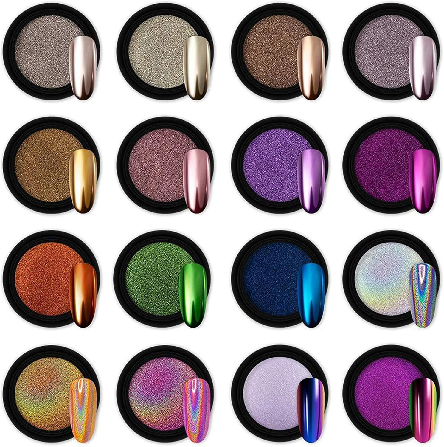 Welhammsae 16 Colors Chrome Nail Powder, Metallic Mirror Effect，Holographic Aurora Pigment, Rainbow Neon Pearl Nail Glitter for Gel Polish Art Decoration Accessories