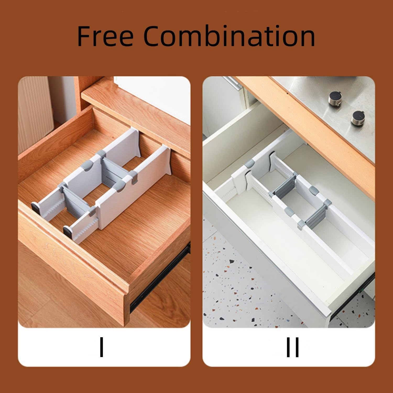 FORYUSE 4 Pack Drawer Dividers Expandable 27-44Cm with 6 Inserts Set Adjustable Separators Organiser for Closet Clothes Kitchen Utensils Office image number 3