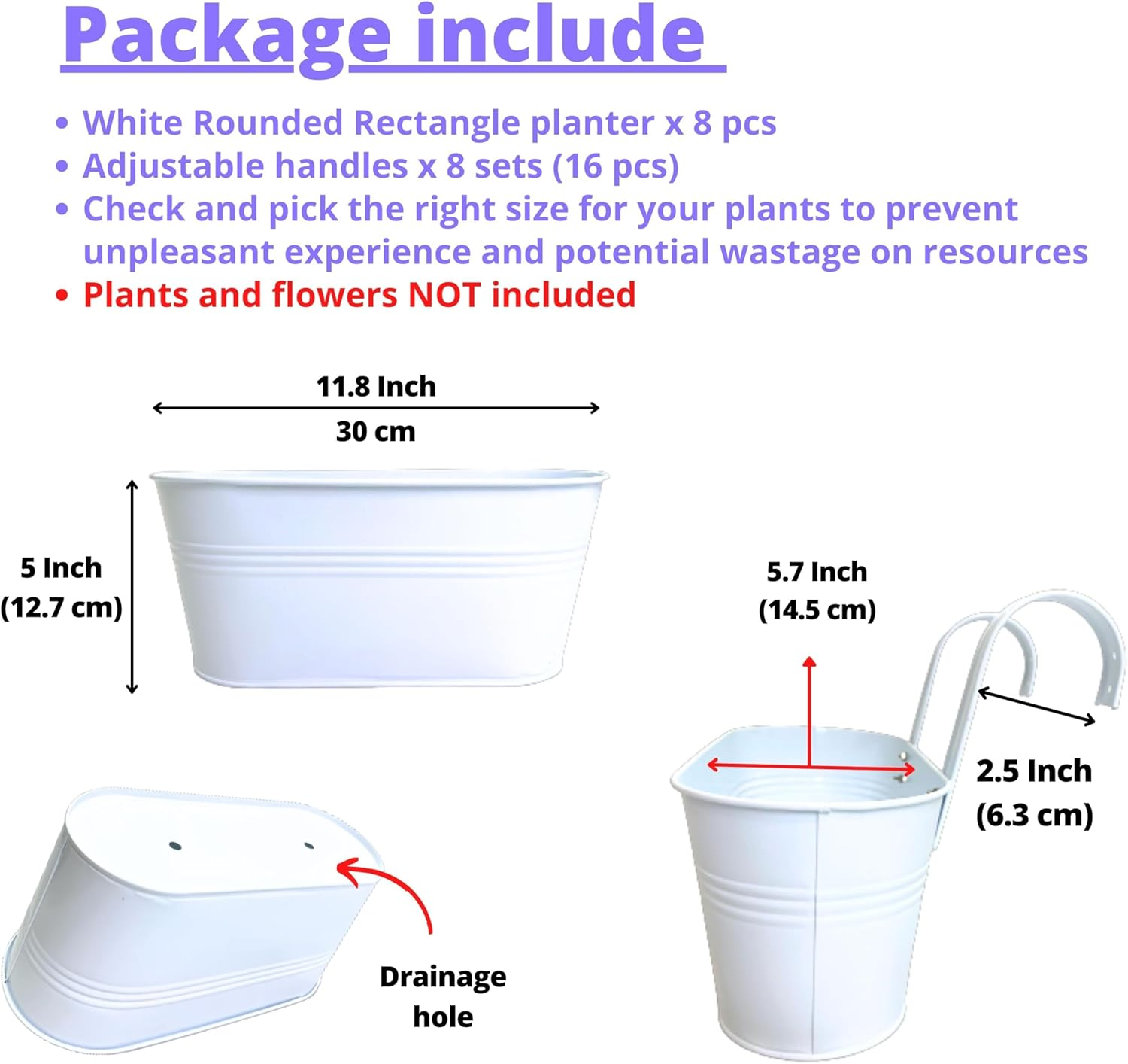 Lalagreen Rail Planter Outdoor Plants (8 Pack, 11.8 Inch) White Metal Iron Hanging Flower Pots Deck Railings Fence Buckets Modern Countryside Boho Style Wall Mount Window Box Holder Hooks Porch Decor - White image number 2