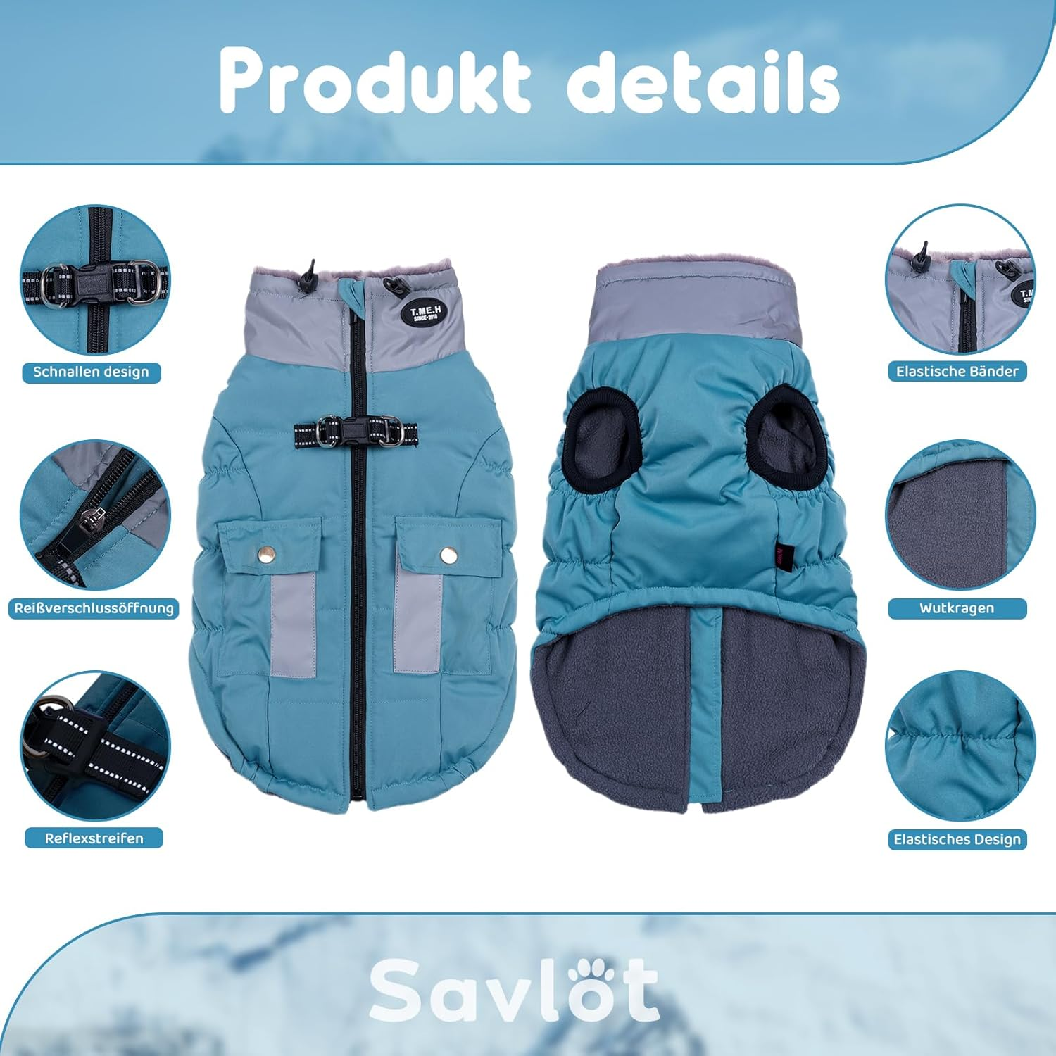 Savlot Warm Dog Winter Coat Jacket for Cold Weather Windproof Reflective Turtleneck Dog Vest with D-Ring for Lead, Dog Jacket, Pet Clothing (XS, Purple) (L, Light Blue) image number 3