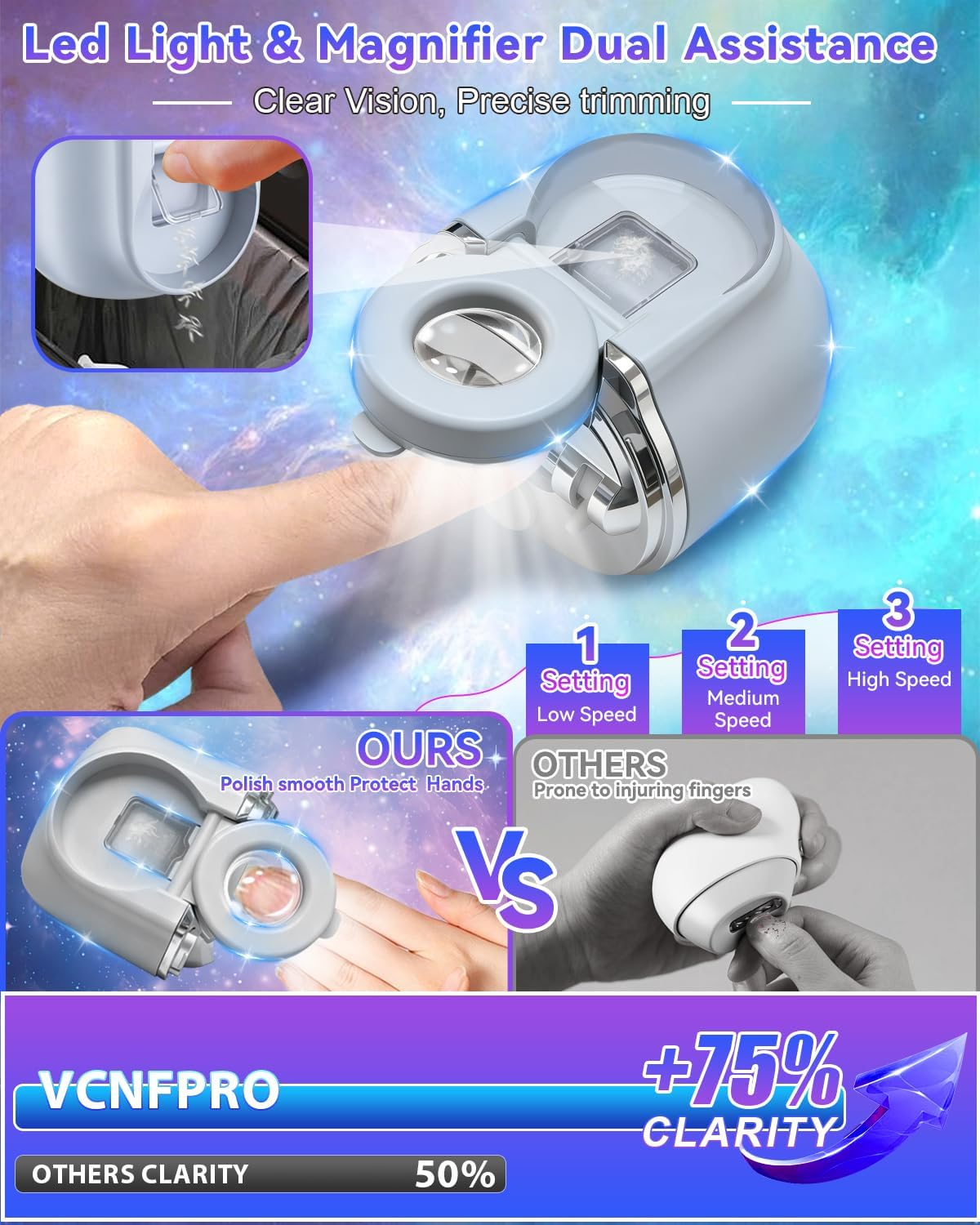 2026 Upgraded 2-In-1 Electric Nail Clipper【Top1 German Motor +56% Power】【3 Speeds & Double Mouth Blade】【Led Light & Magnifier Assistance】Clear Vision, Precise Trimming (Suitable for Families, Seniors) (Gray) - Gray image number 6