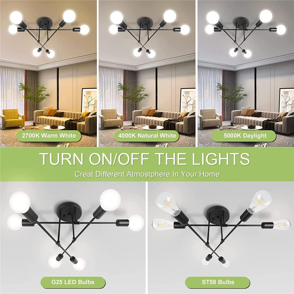 KEPHTH Modern Sputnik Chandelier Ceiling Light Fixture with 6 Lights Black Mid Century Semi Flush Mount Ceiling Lights for Bedroom, Dining Room, Living Room, Kitchen, E27 Base, Bulbs Not Included image number 2