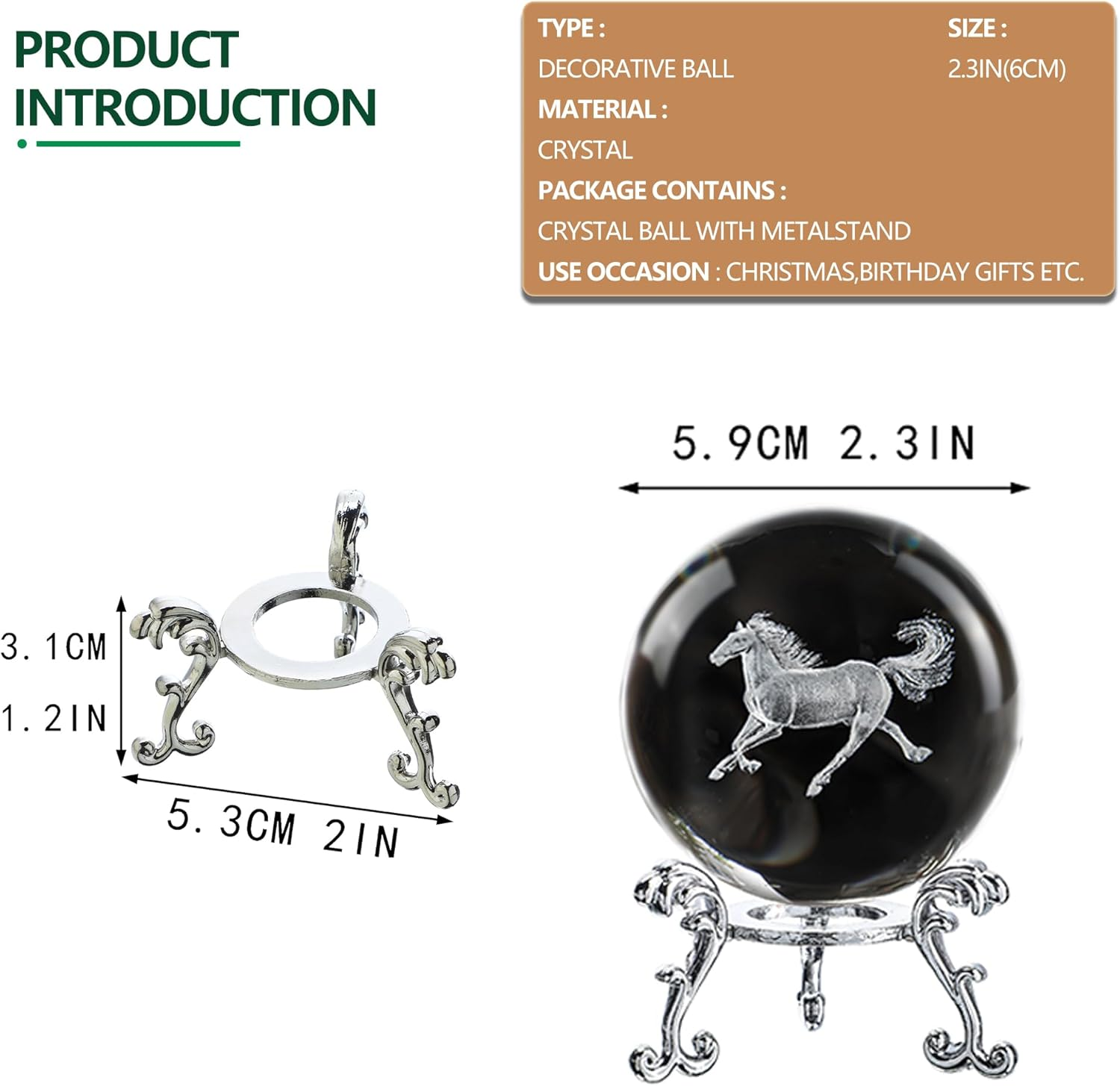 60Mm 3D Horse Crystal Ball Figurines with Stand Chinese Zodiac Glass Ball Feng Shui Sphere Home Table Decor image number 6