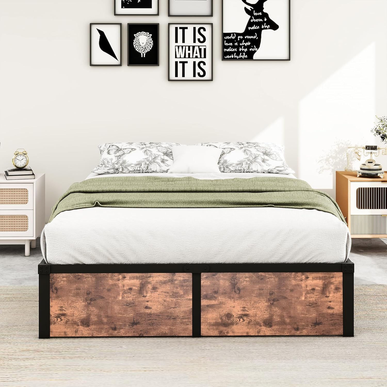 VERFARM Queen Size Bed Frames with Vintage Wood Footboard, Heavy Duty Metal Platform Bed Frame Queen, No Box Spring Needed, Easy Assembly, Rustic Brown image number 4