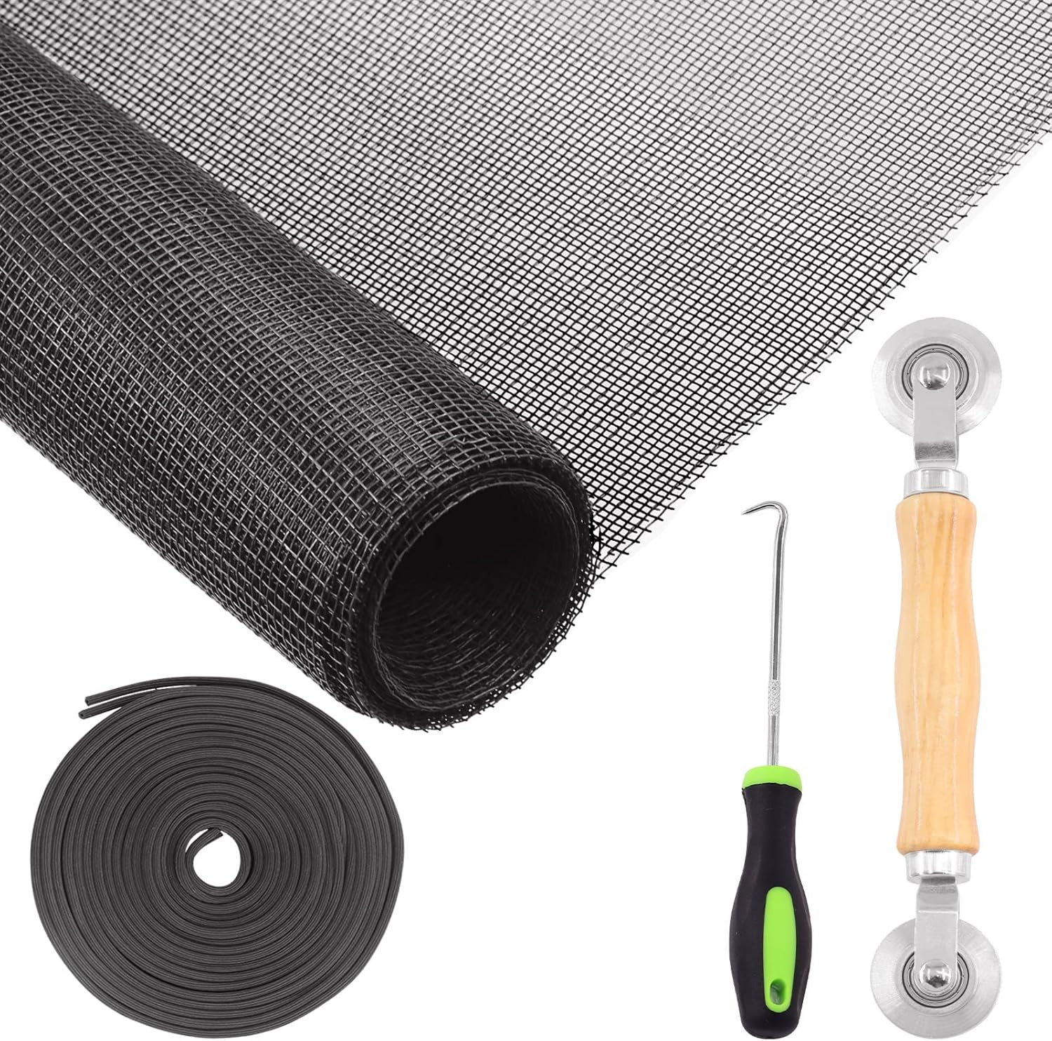 4Pcs Black Window Screen Door Repair Replacement Includes 120Cm X 250Cm Fiberglass Window Screen Mesh Spline Rolling Tool Screen Retainer Spline Remover Hook for Windows Flex Screen image number 6