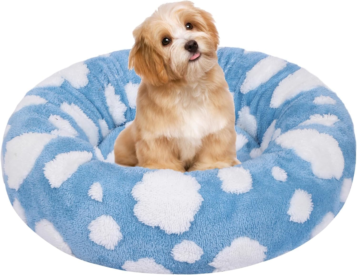 Calming Dog Bed, Dog Beds for Small Dogs, Fluffy Donut Dog and Cat Bed Washable, Cute Pet Beds for Indoor with Jacquard Shaggy Plush, round anti Anxiety Small Dog Bed with Non Slip Bottom (Khaki)