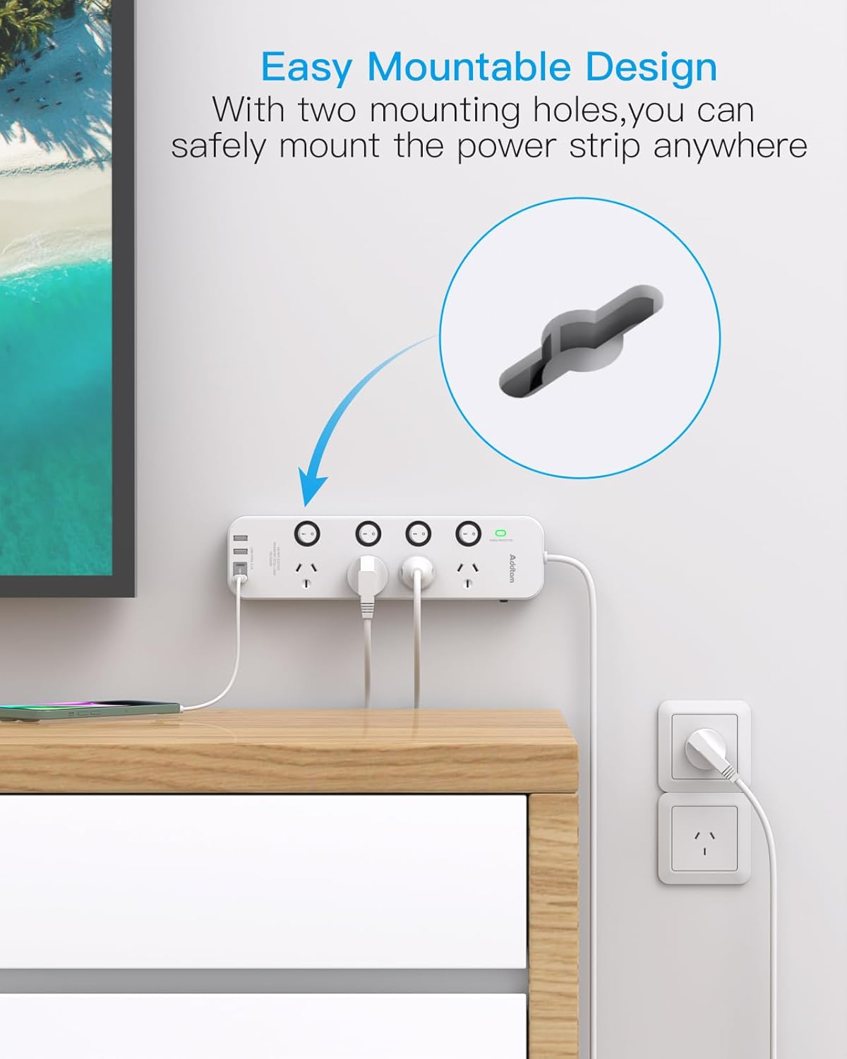 Addtam Power Board Individual Switch,Power Strip with 4 AC Outlets, 2 USB a and 2 USB C,Surge Protector 1.2M Extension Cord, 350 Joules,Overload Protection,Powerboard for Home and Office Use (White) image number 1