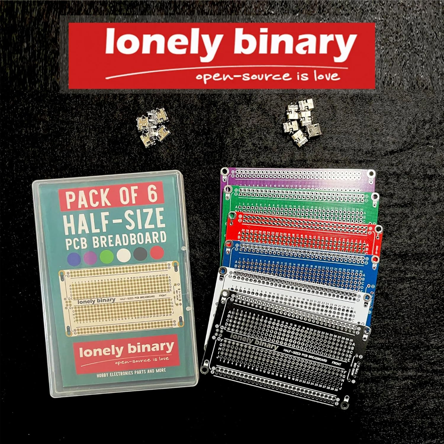Lonely Binary 6-Pack Prototype PCB Half-Size Breadboards &ndash; Assorted Colors with Type-C & Micro USB Ports, Solderable Power Boards for Arduino, Raspberry Pi, ESP32, and DIY Projects image number 5