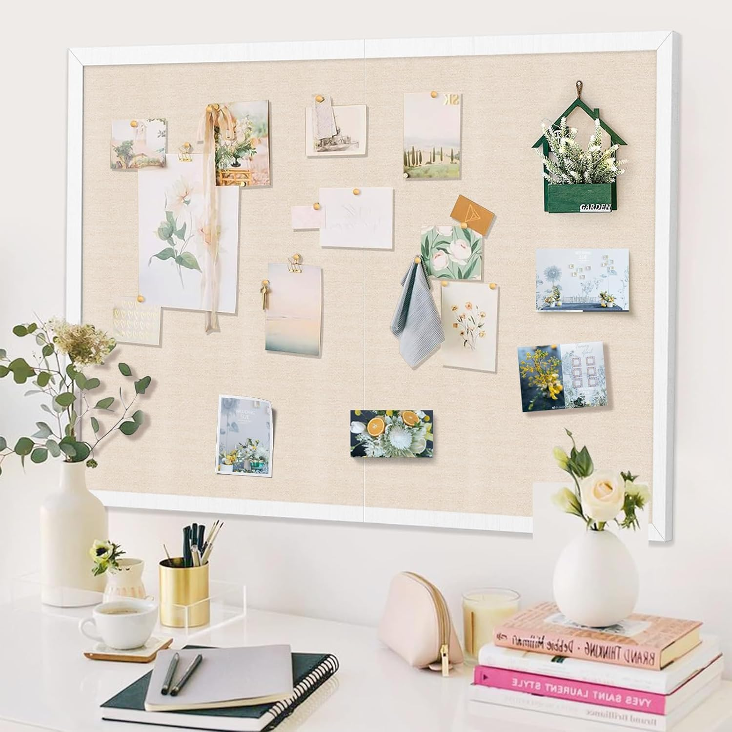 Large Bulletin Board 48X36 Inch with Linen Cork Boards Wall Decor Hanging Pin Wood Framed Display Bulletin Cork Photo Picture Board Light for Room School Office 30-Pushpin White