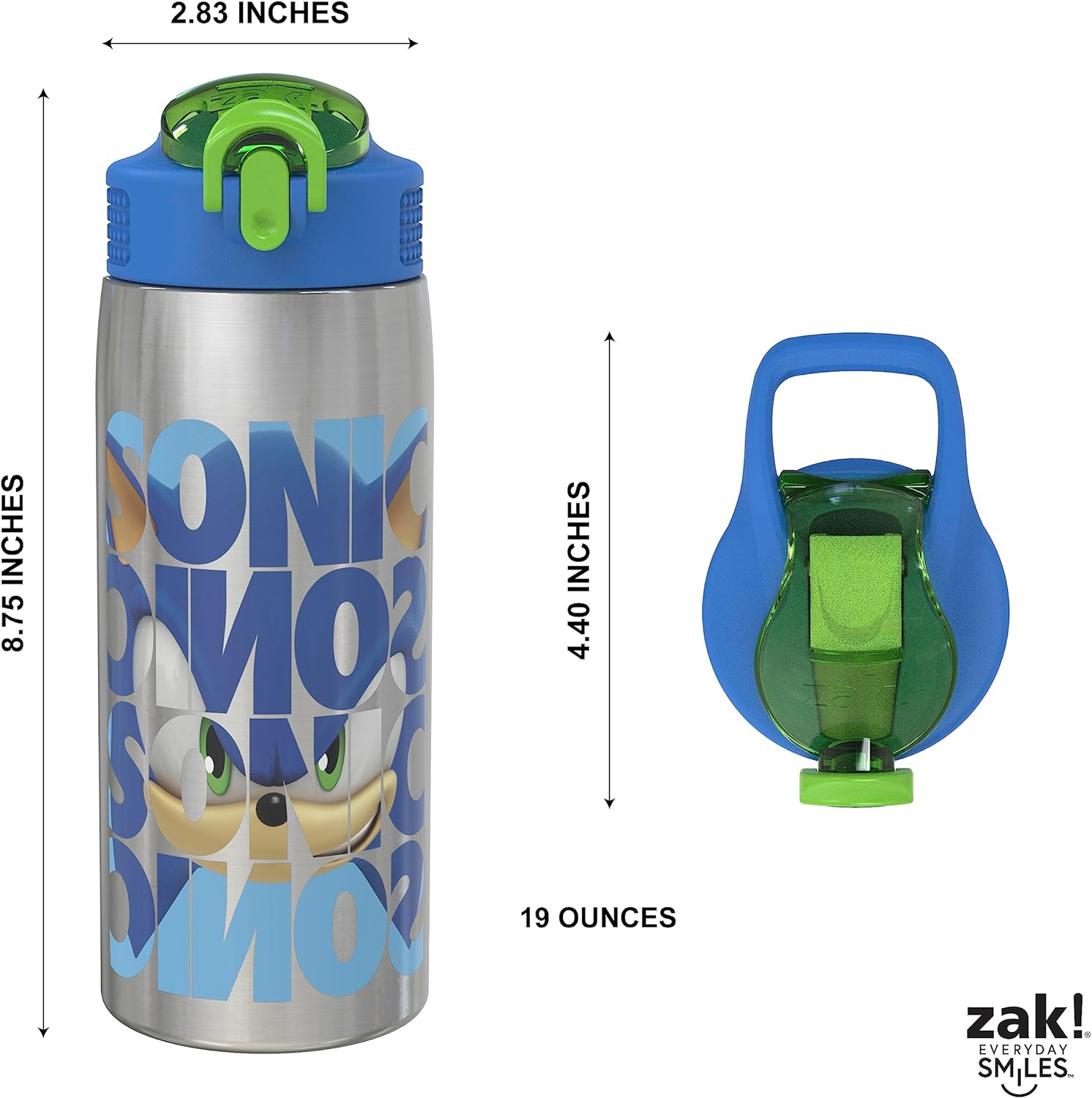 Zak Designs Sonic the Hedgehog Water Bottle for Travel and at Home, 19 Oz Vacuum Insulated Stainless Steel with Locking Spout Cover, Built-In Carrying Loop, Leak-Proof Design (Sonic) image number 3
