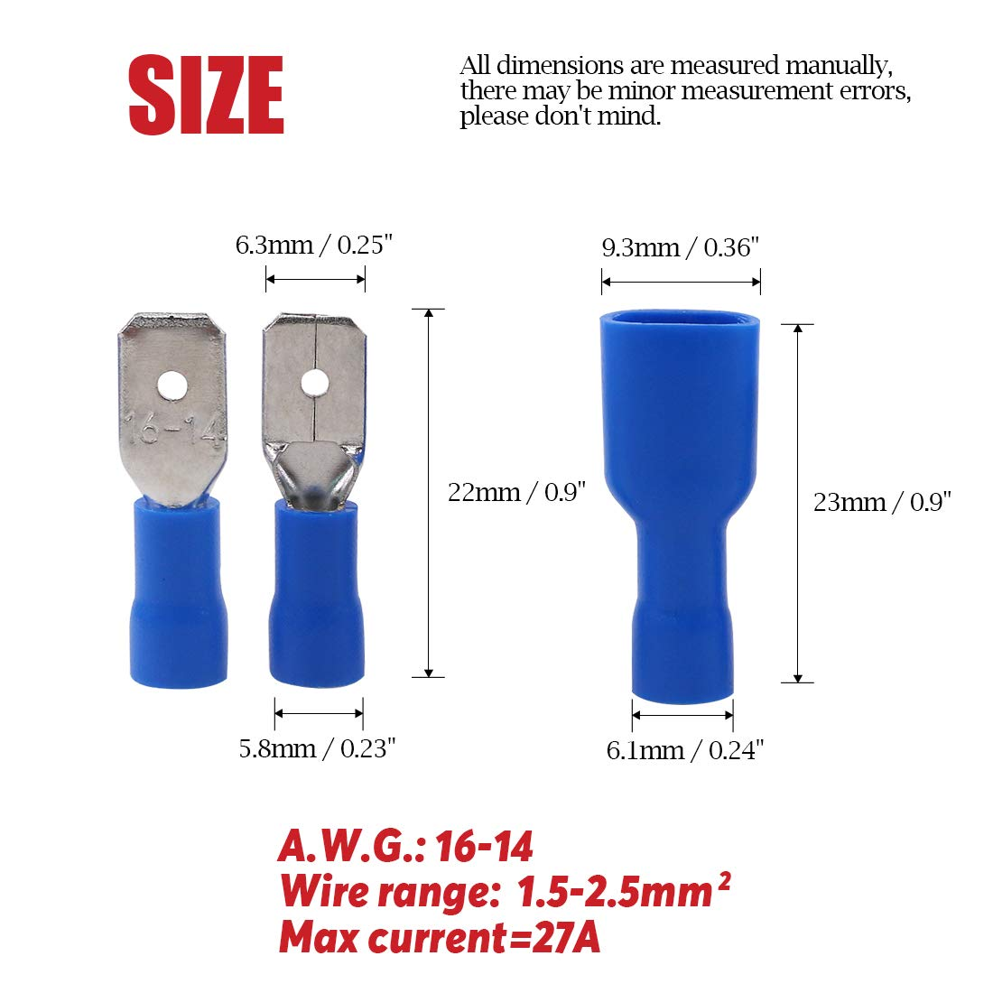 Hilitchi 100Pcs 16-14 Gauge Fully Insulated Male Female Spade Quick Splice Wire Terminals Wire Crimp Connectors Set