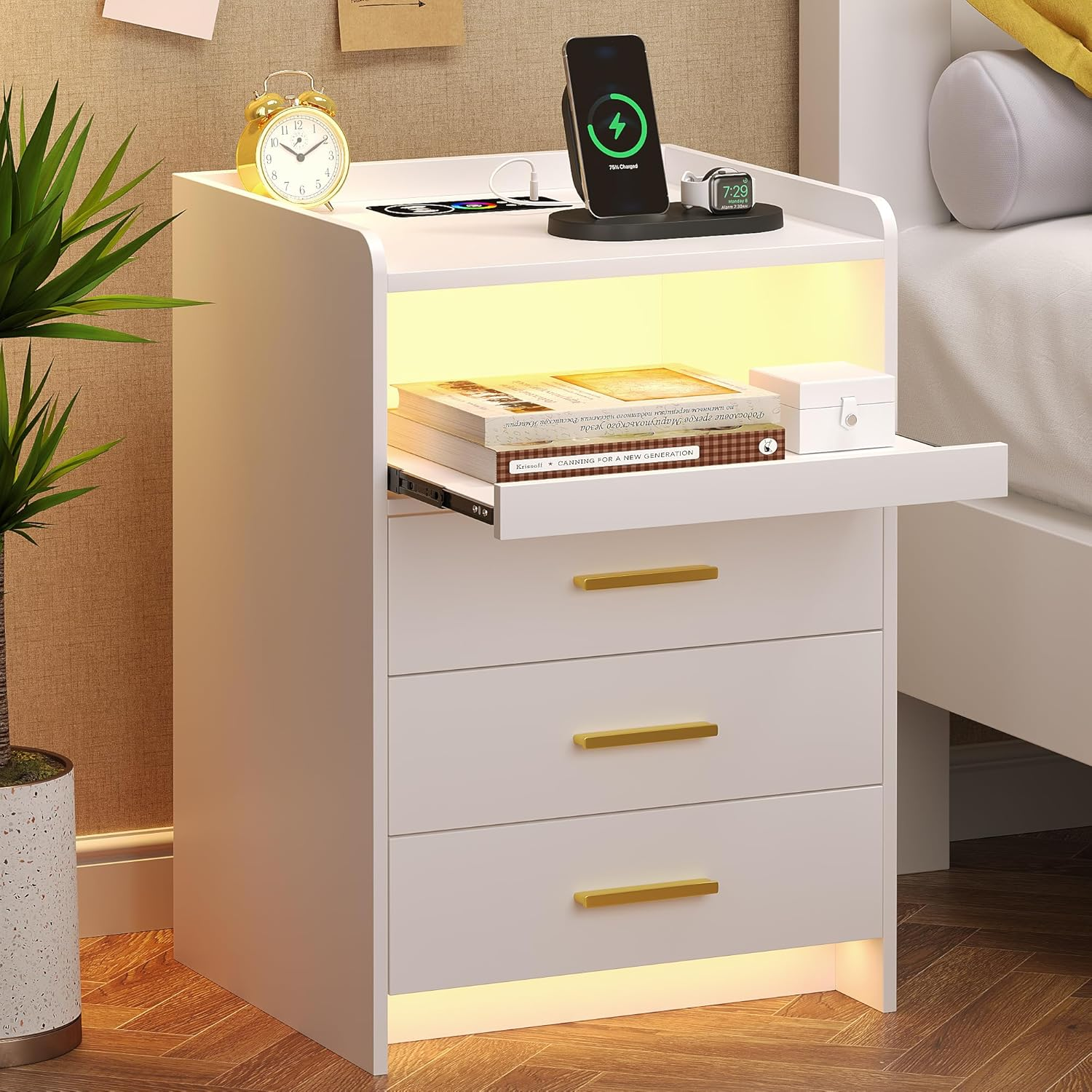 Dystler Nightstand with Wireless Charging Station Bedside Table with RGB Light & Human Sensor Design 3 Drawers LED Modern Night Stand End Table for Bedroom Livingroom Office, White
