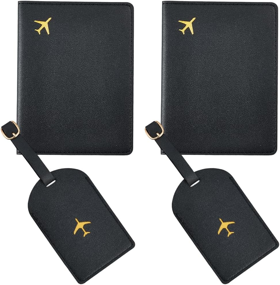 CALFOVERA 2 Sets Metallic Airplane Pattern Luggage Tag Mr and Mrs Honeymoon Passport Wallets Travel Holder PU Leather Black Couple Passport Cover Blocking Card Slots Rfid Case Suitcase for Women Men image number 2