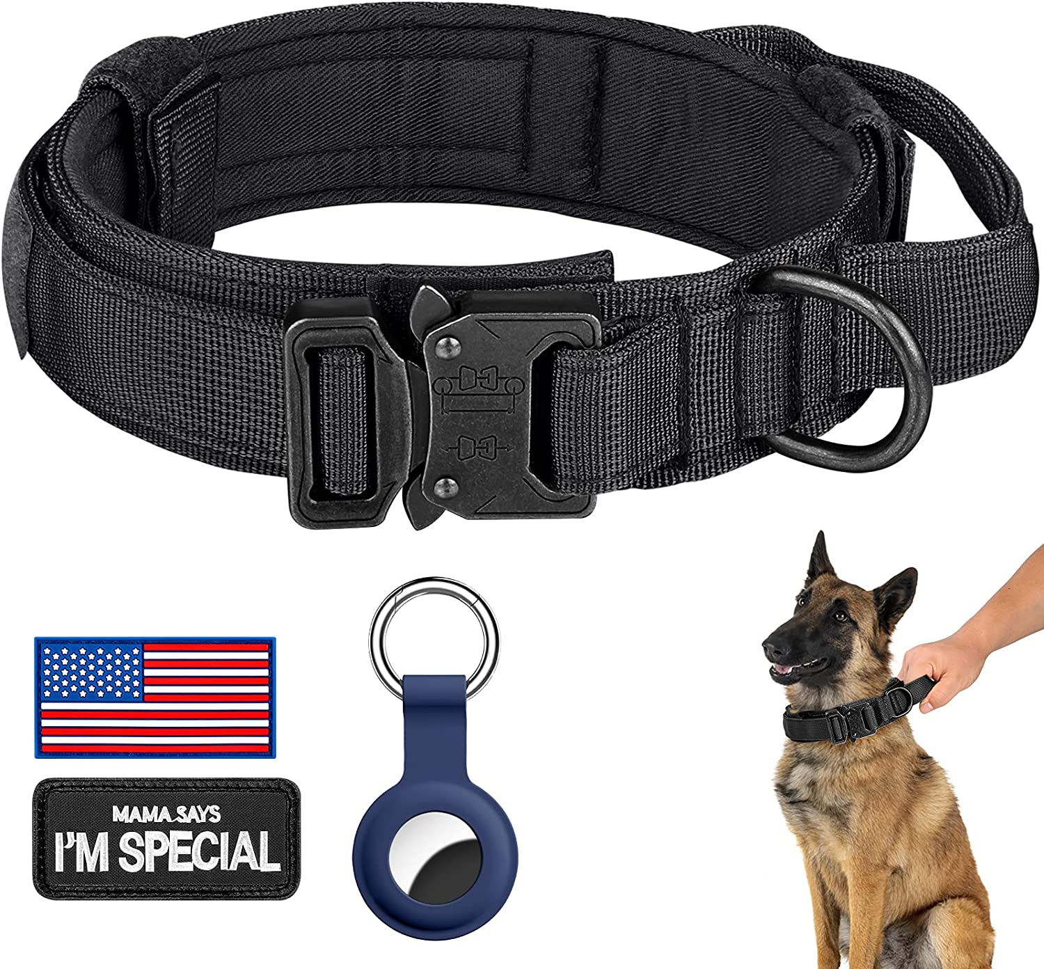 DAGANXI Tactical Dog Collar Leash Set, Adjustable Military Training Nylon Dog Collar with Controll Handle and Heavy Metal Buckle for Medium and Large Dogs，With Patches and Airtags Case (L, Black-Set)