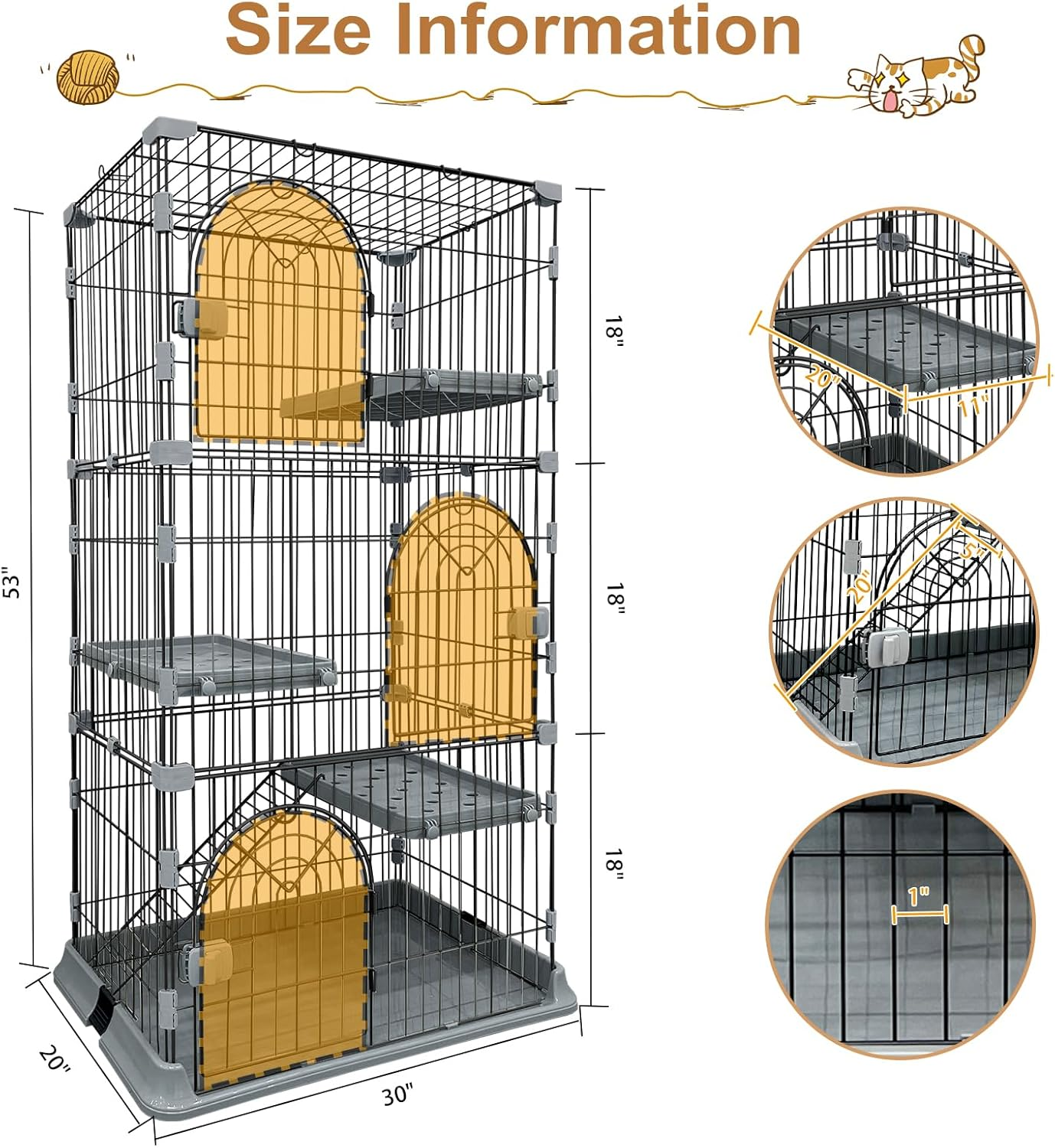 Cat Cage 3-Tier Indoor Cat Enclosure with Widen Bottom Buckle & Reinforced Locking Clamps DIY Cat Playpen for 1-2 Cats & Small Pets,30" L X 20" W X 52.5" H (Grey, Three-Tier) image number 3