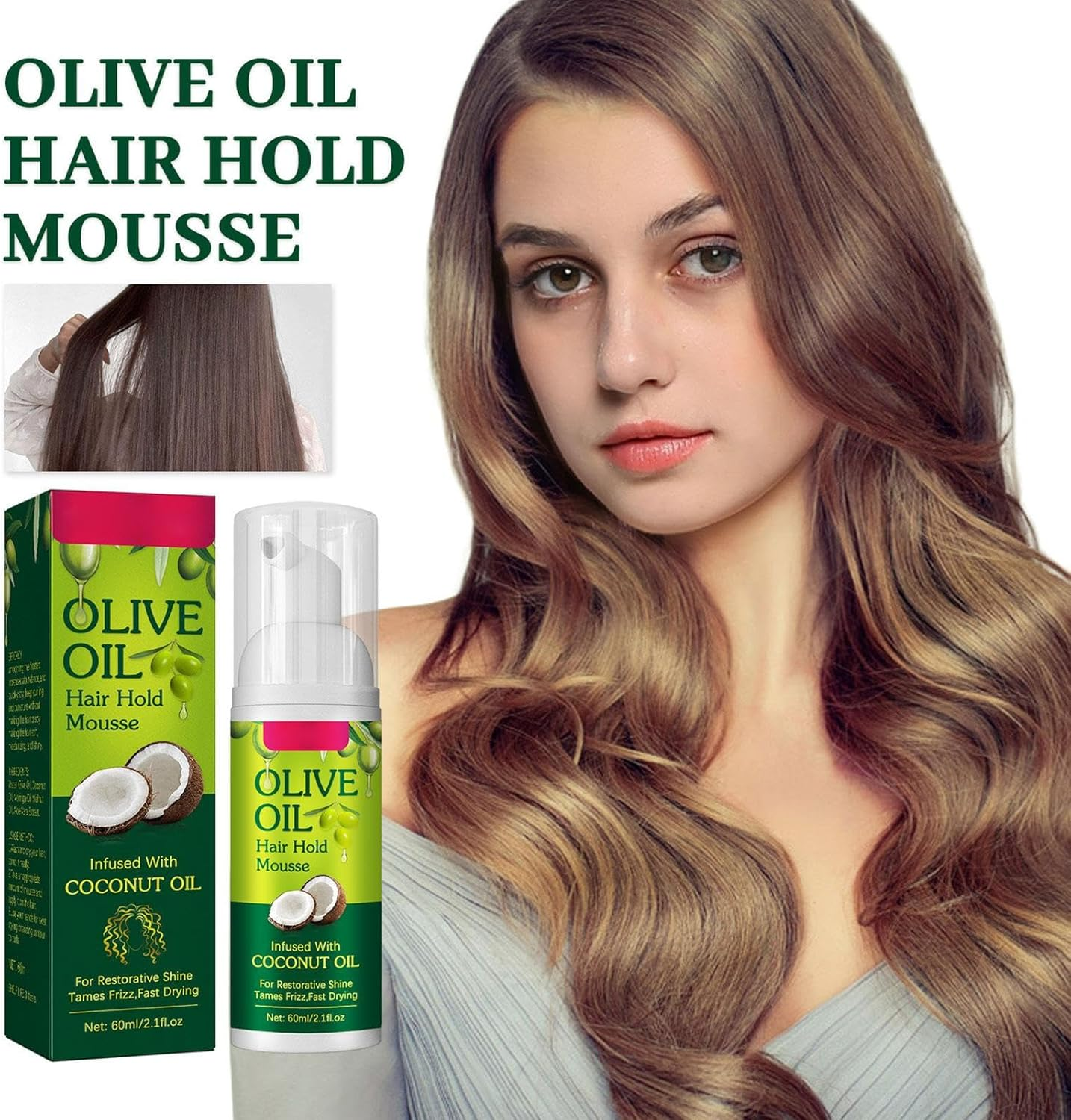 Moisturising Hair Mousse with Olive Oil - Anti-Frizz Styling Foam | Gives Shine, Controls Frizz and Provides Long Lasting Hold | Suitable for Braids, Waves and Wigs | Lightweight, P image number 6