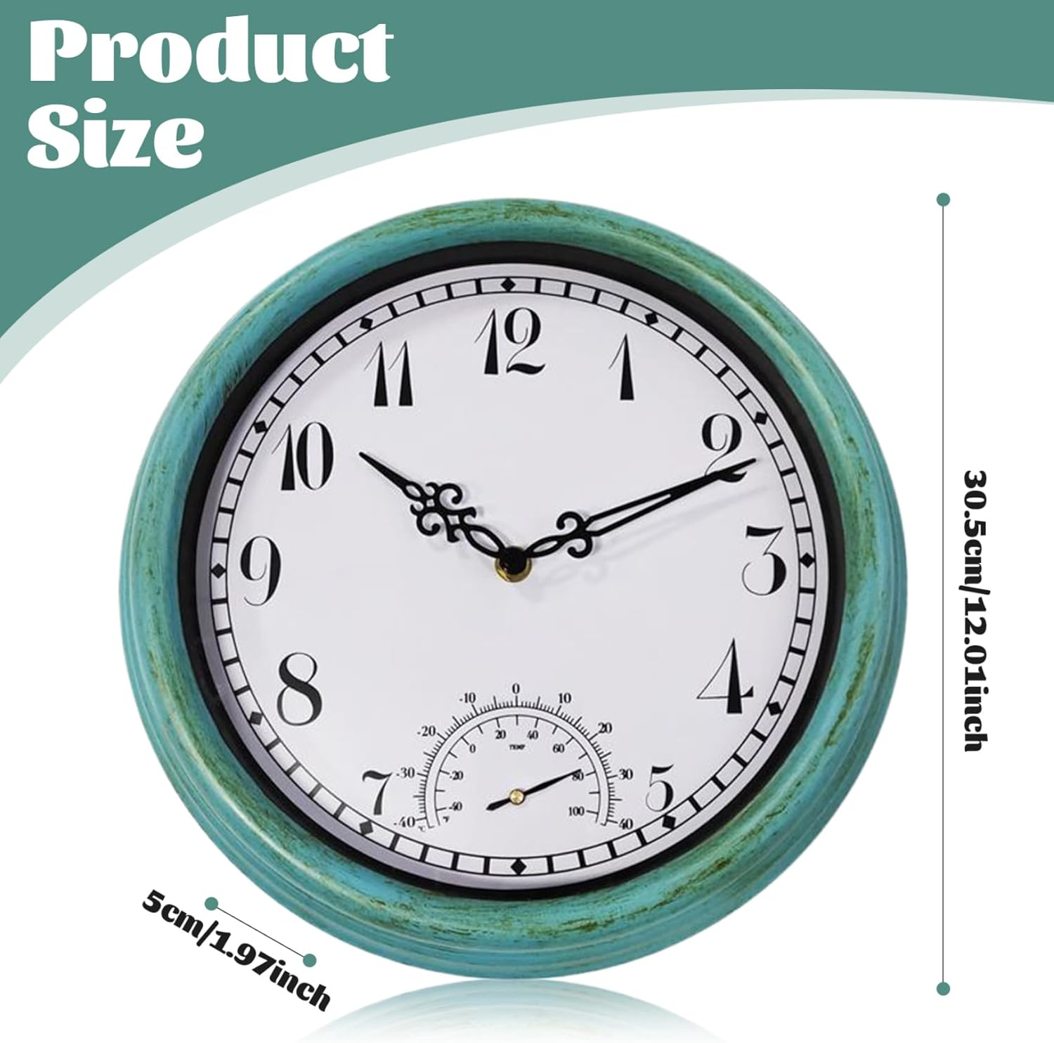 Outdoor Wall Clock 12 Inch Waterproof Outdoor Clock Vintage Retro Outdoor Clocks with Thermometer Non-Ticking Battery-Operated Outdoor Clocks for Patio Pool Porch Garden Outdoor Clock Thermometer image number 2