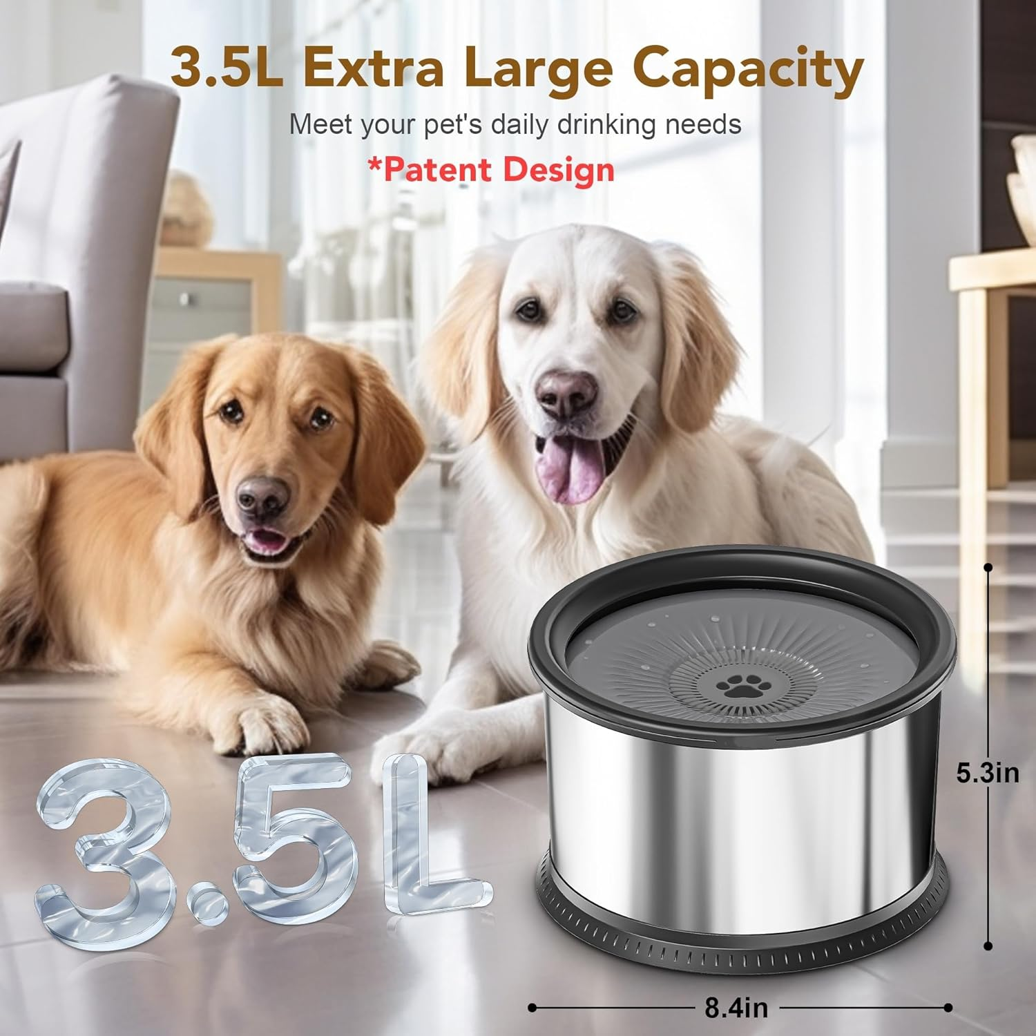 3.5L Dog Water Bowl, Large Capacity No Spill Dog Water Bowl, Stainless Steel Spill Proof Slow Water Feeder, No Splash Water Bowl, with Anti-Slip Mat for Messy Drinkers, Grey. image number 5