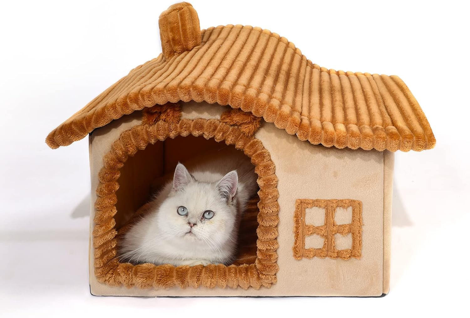Jiupety Bear Cat Houses for Indoor Cats, Chimney Cute Cat Bed Cave, Enough Interior Space, Cartoon Soft Pet House up to 3-7 Lbs Kitten, Brown image number 2