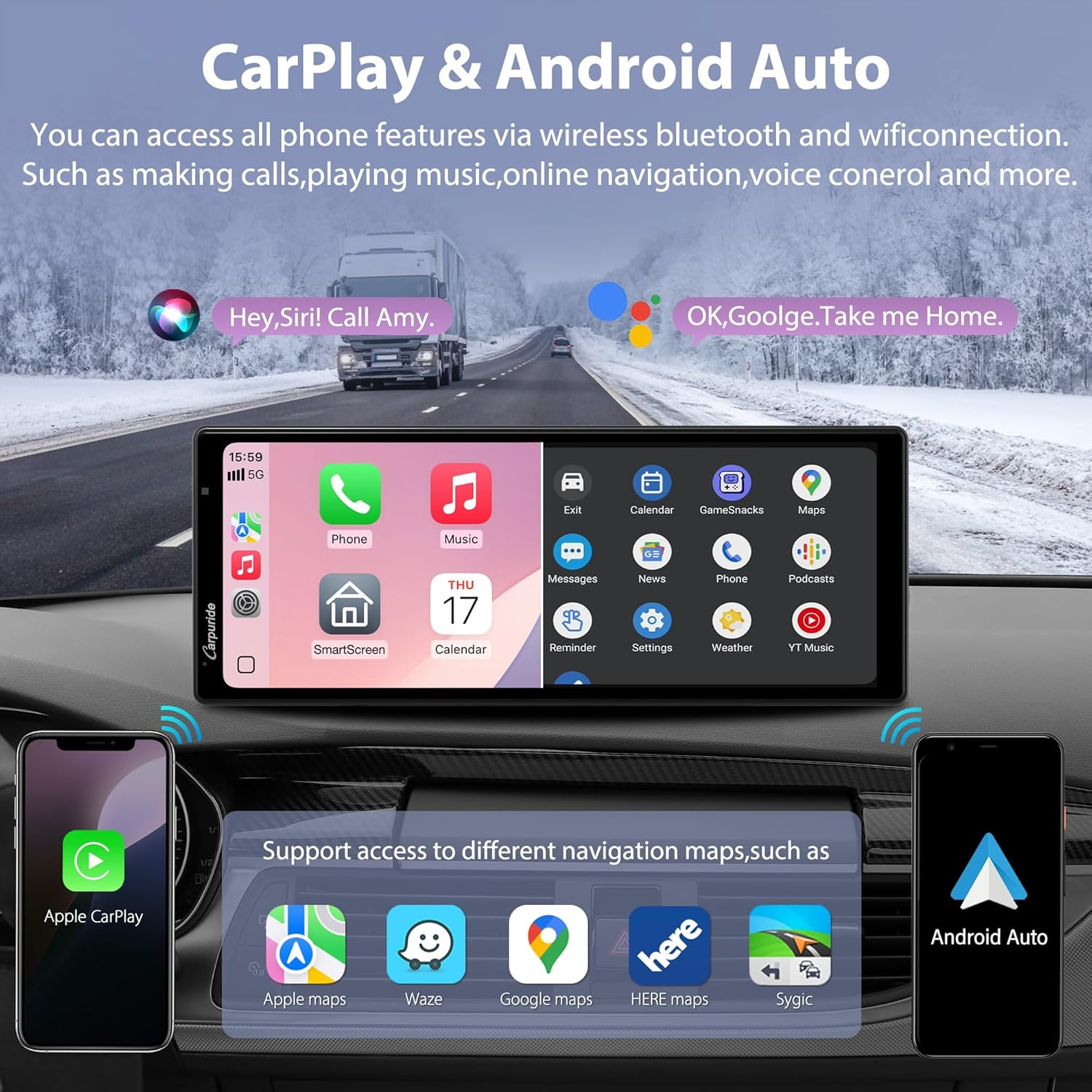 Carpuride Wireless Carplay & Android Auto with Dash Cam - 10.26 Inch HD IPS Touch Car Play Screen for Car, 4K Front & 1080P Rear Camera, Loop Recording, Bluetooth Audio, Mirror Link, GPS, Siri image number 1