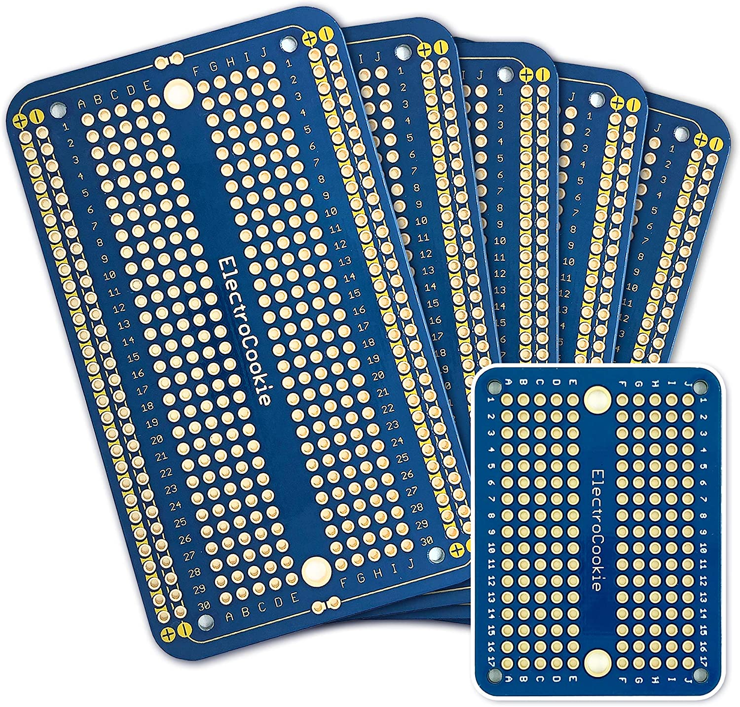 Electrocookie Solderable Breadboard PCB Board for Electronics Projects Compatible for DIY Arduino Soldering Projects, Gold-Plated (9 Pack + 3 Mini, Multicolor Pack)