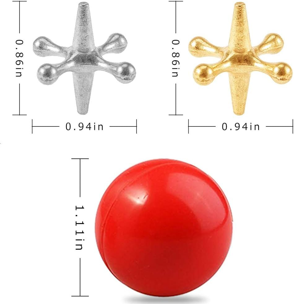 3 Sets Retro Metal Jacks and Ball Game Kit - 3 Pcs Red Rubber Balls & 30 Pcs Gold and Silver Metal Jacks, Classic Game of Jacks for Party Favor, Game Prizes, Kids and Adult image number 2