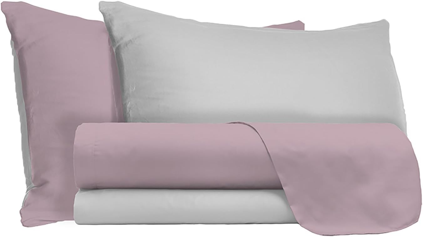 100% Natural Cotton Duvet Cover Set for Double Bed, Made in Italy, Fitted Sheet, Top Sheet 240 X 300 Cm and Pillowcases with Flap, Dusky Pink/Light Grey image number 3
