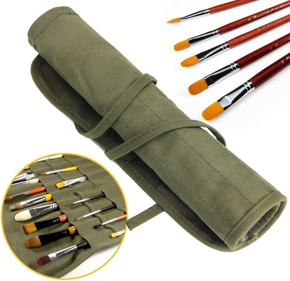 Paint Brush Roll Canvas Pouch, Army Green 22 Slots Holder, Artist Acrylic Oil Watercolour Case, Student Draw Pen Gouache Storage Bag image number 1