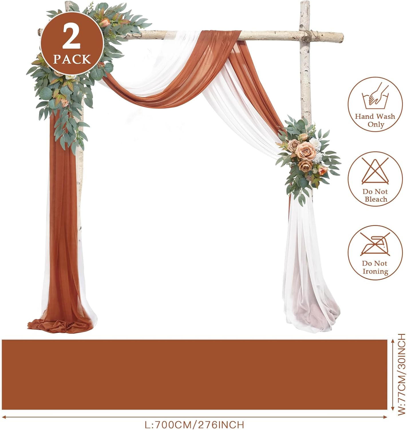 YALLOVE Wedding Arch Draping Fabric, 2 Panel 30" X 236" Drapes Sheer Backdrop Curtain for Ceremony Party Ceiling Decor (White, Terracotta) image number 4