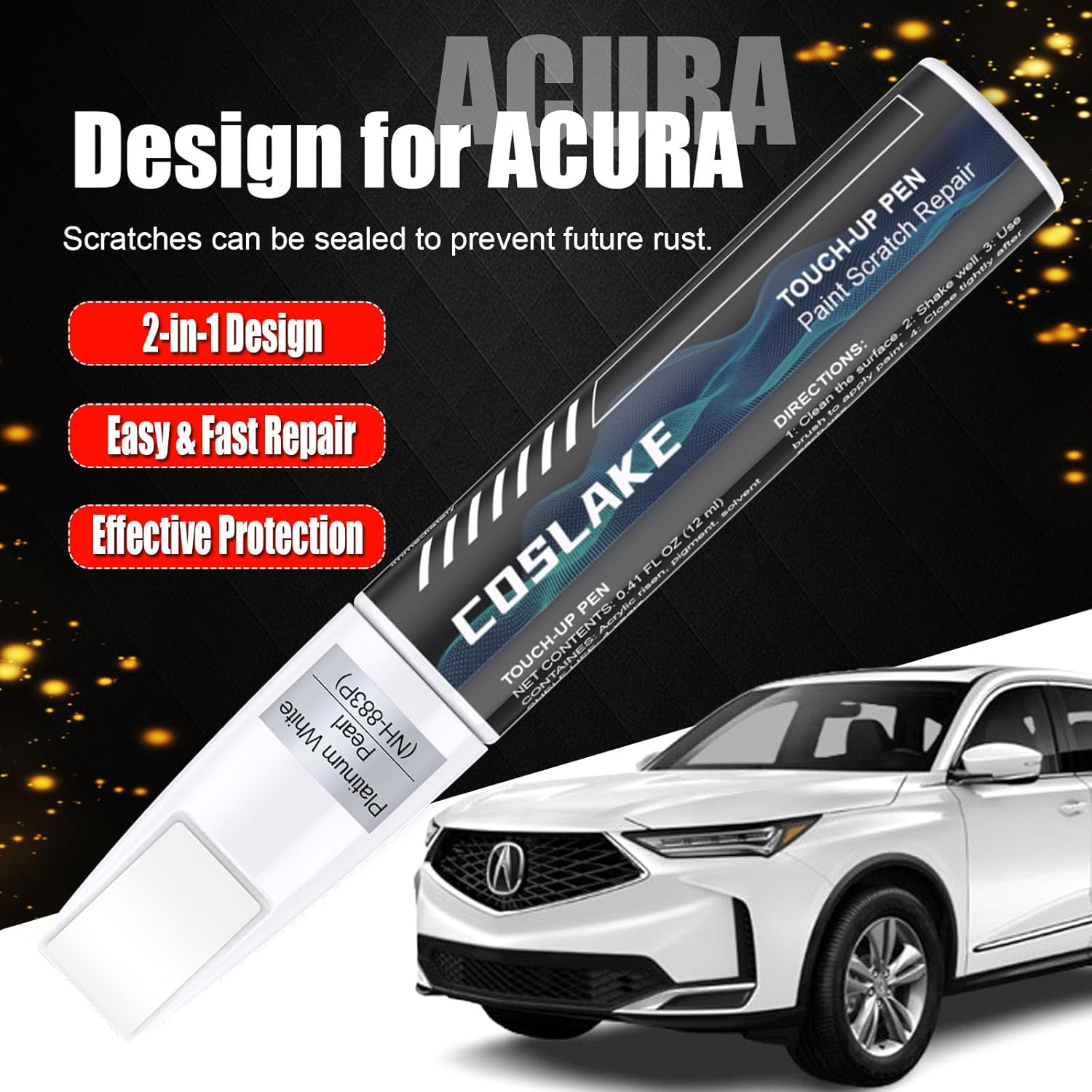 Car Touch up Paint(Platinum White Pearl(Nh-883P)) for Acura, Car Paint Scratch Repair Kit, Quick & Easy Solution to Repair, 2 in 1 Scratch Remover Pen with 2PCS Disposable Micro Applicators image number 1