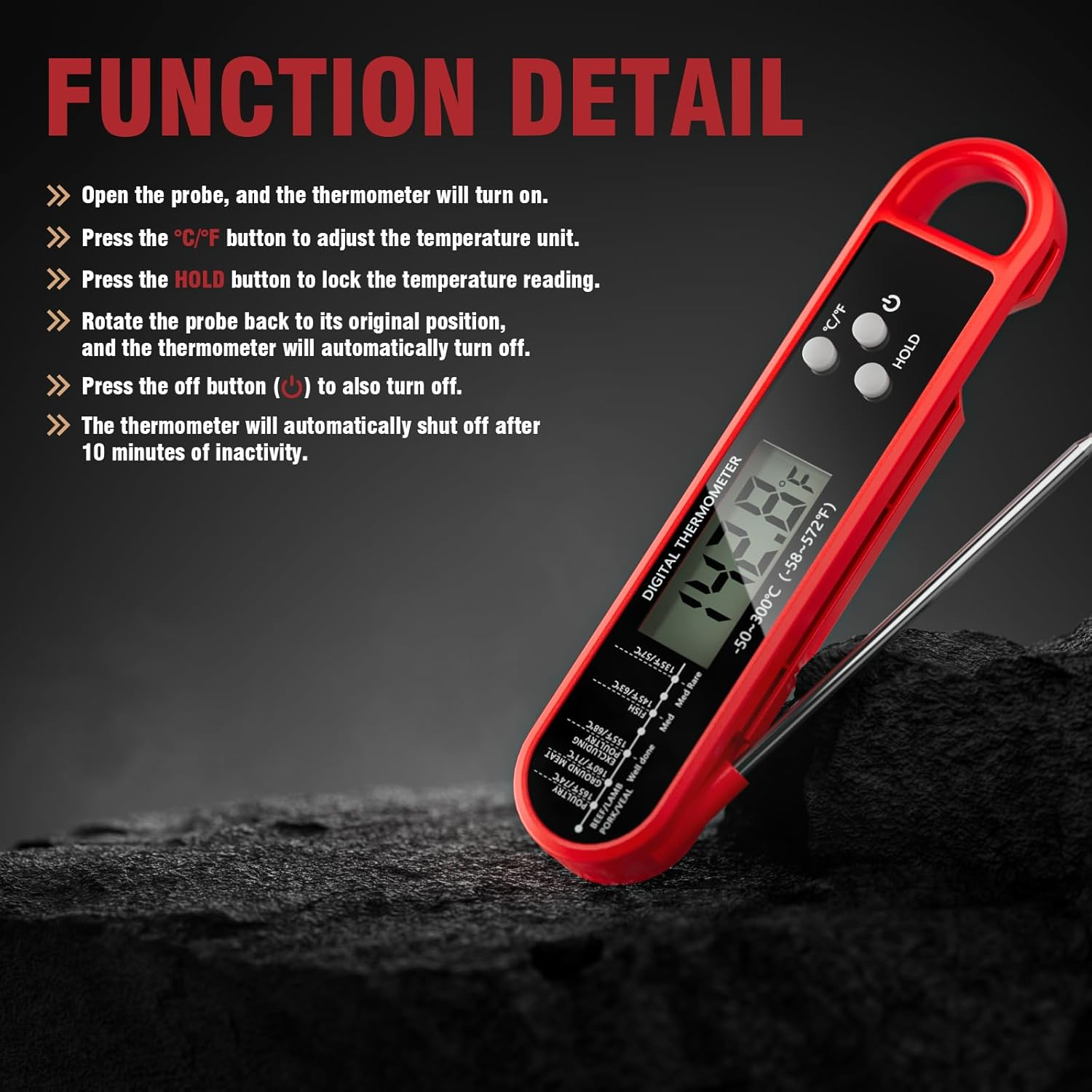Instant Read Meat Thermometer Digital - Fast 4S Reading, -58&deg;F to 572&deg;F Cooking Food Thermometer with Auto-Rotate Display for Kitchen, BBQ, Grilling (Red) image number 5