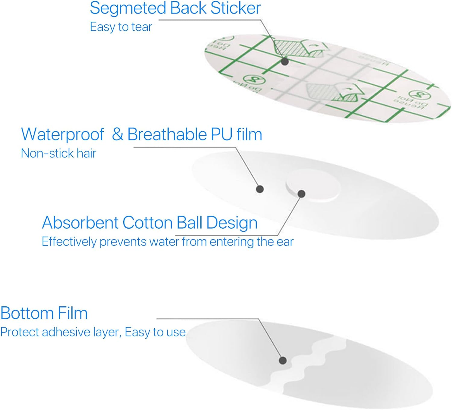 VOSO 100 Pieces Shower Ear Stickers, Waterproof Ear Stickers, Disposable Ear Covers for Shower, Transparent Adhesive Ear Covers Elastic Ear Protector Caps for Hair Dye, Shower, Bathing, Swimming (Small)