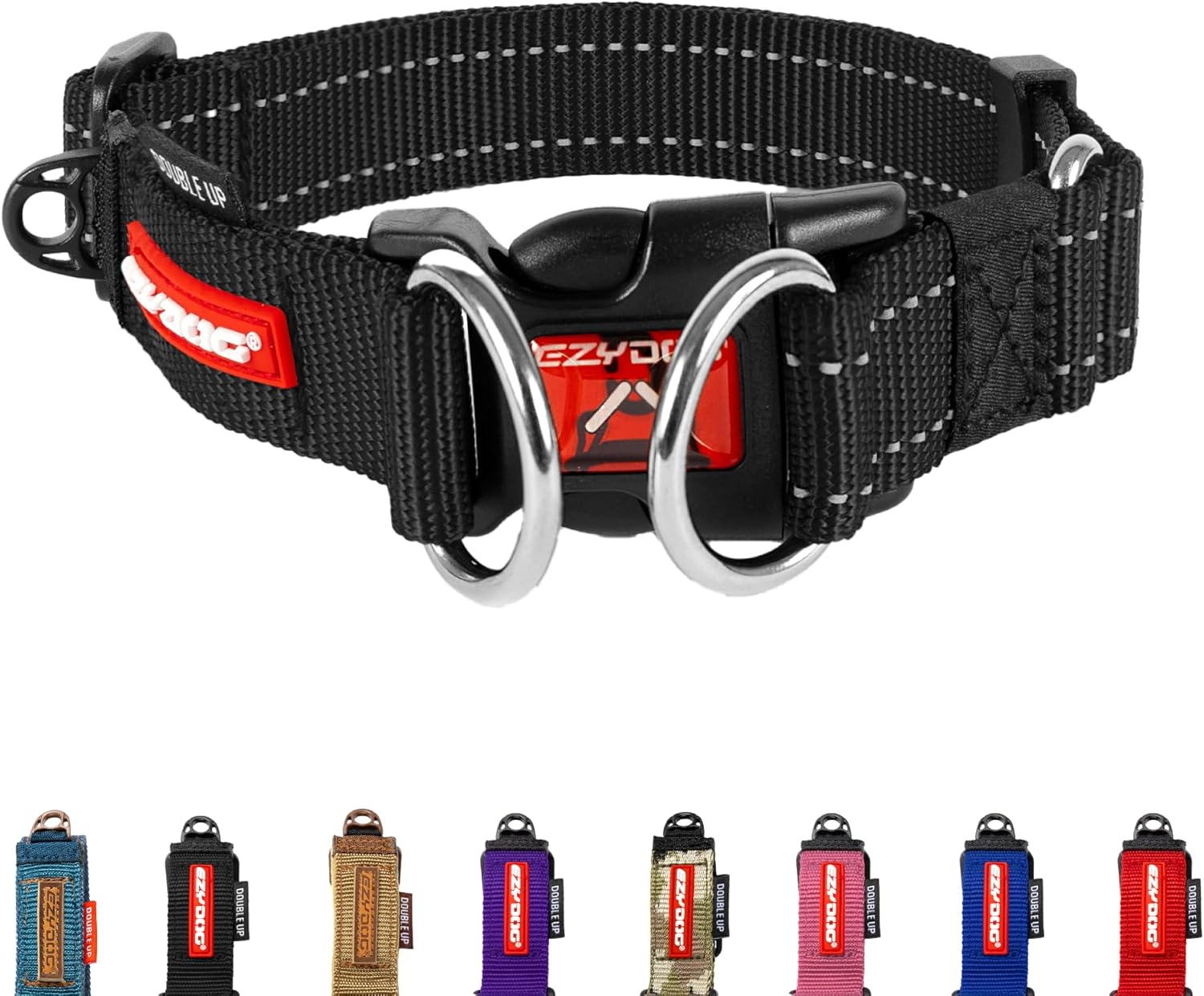Ezydog Double up Dog Collar - Premium Nylon Webbing Collars for Dogs - Reflective, Comfortable - Attach Leash to Both Stainless Steel D Rings for Extra Strength & Security (XL, Black) image number 1