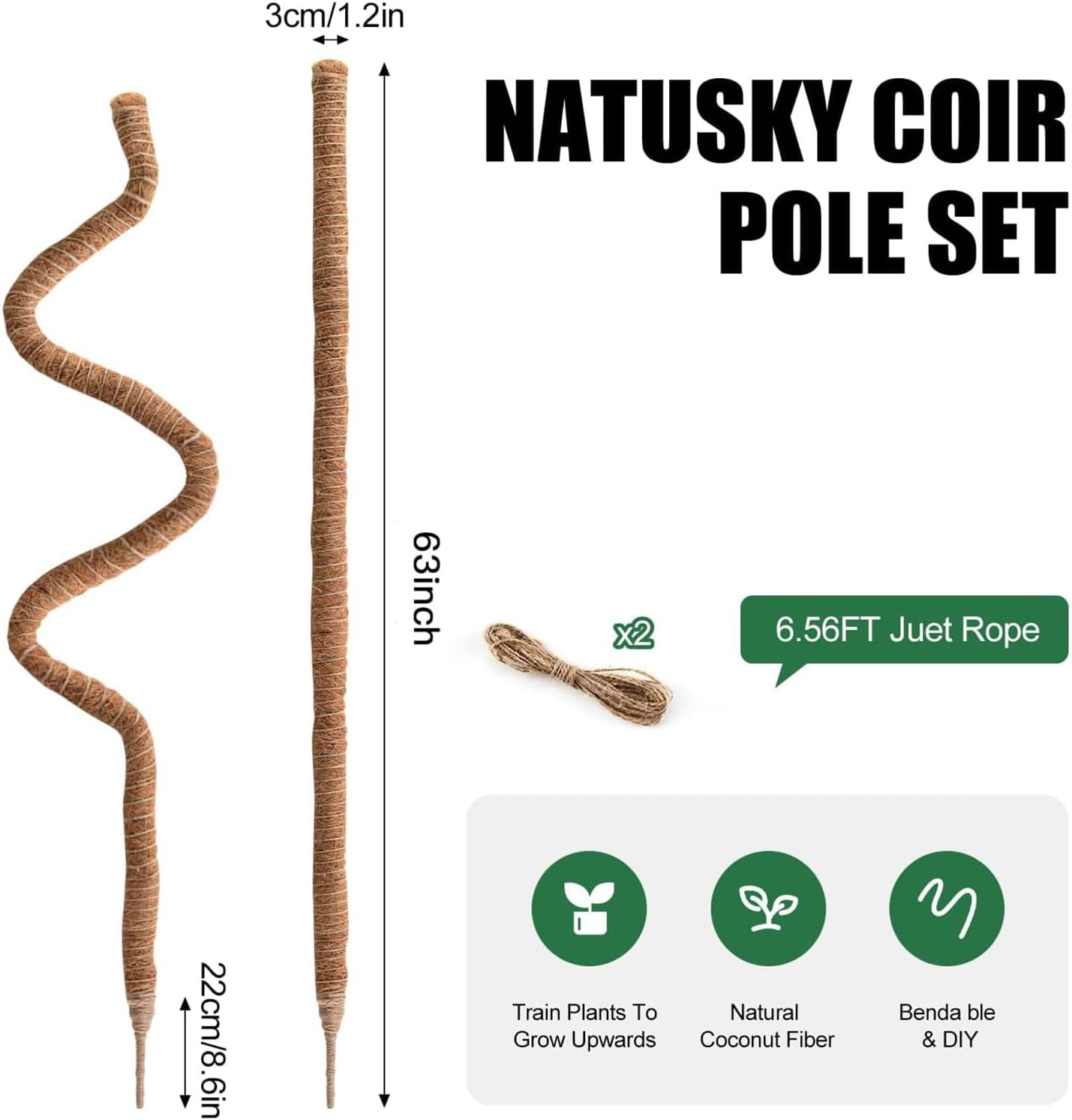 Mumiuu 2 Pack Moss Pole, 63 Inch Bendable Plant Support Sticks for Climbing Plants, Brown, Fiber & Aluminium image number 3