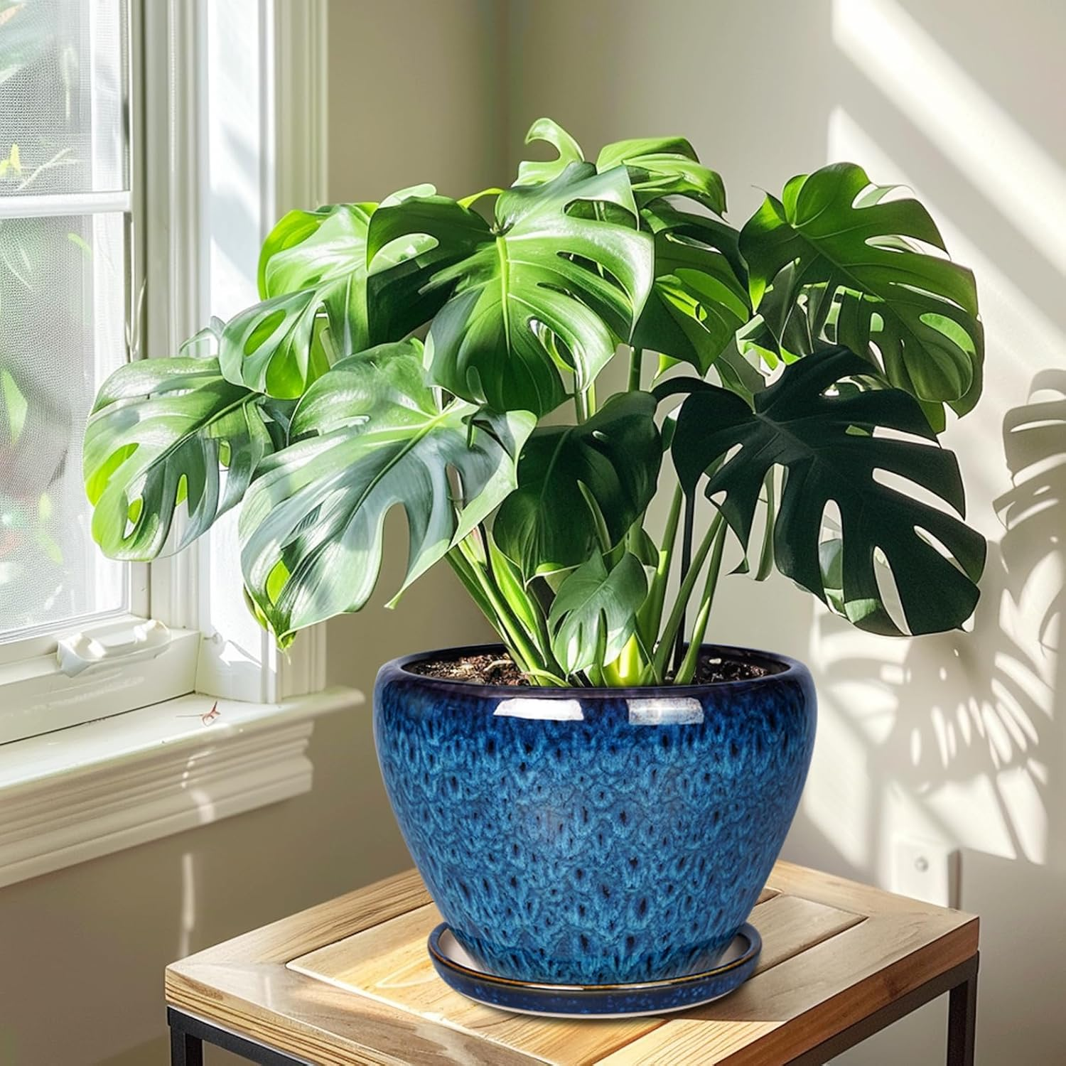 10 Inch Ceramic Planter Pot, Ceramic Plant Pot for Indoor Outdoor Plants, Large Flower Pot with Drainage Hole and Saucer, Blue image number 3