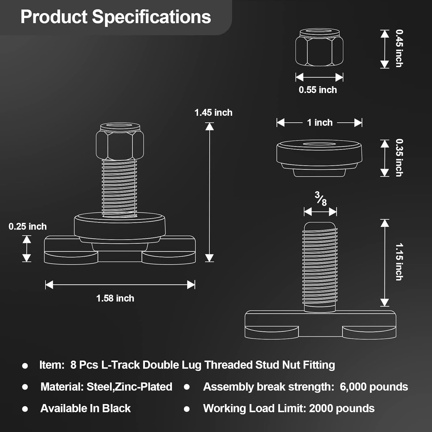 2 Pack L-Track Double Lug Threaded Stud Nut Fitting Tie Down, Used with L Track Rails for Truck Bed or Trailer Cargo Control, Bearing 6000 LBS Heavy Duty Steel, Black image number 5