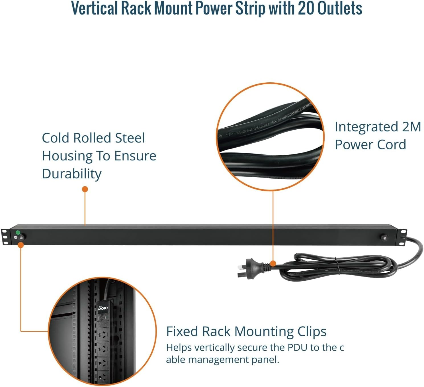 Tecmojo Vertical PDU Power Strip, 20 Outlets Rack Mount Power Distribution Unit for Server Cabinet, 10A Power Plug with 2M Power Cord, Overload Protection, 250V 50/60HZ image number 3