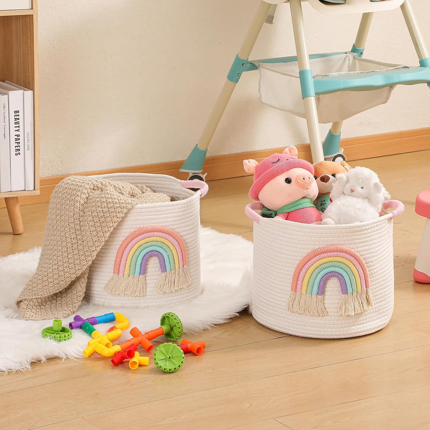 Inough Toy Storage Baskets Woven Cotton Rope Storage Basket with Rainbow Decor for Kids, Blanket Baskets for Living Room Toys Organizer Rainbow Baby Gifts Basket with Handle for Girls Nursery Playroom image number 1