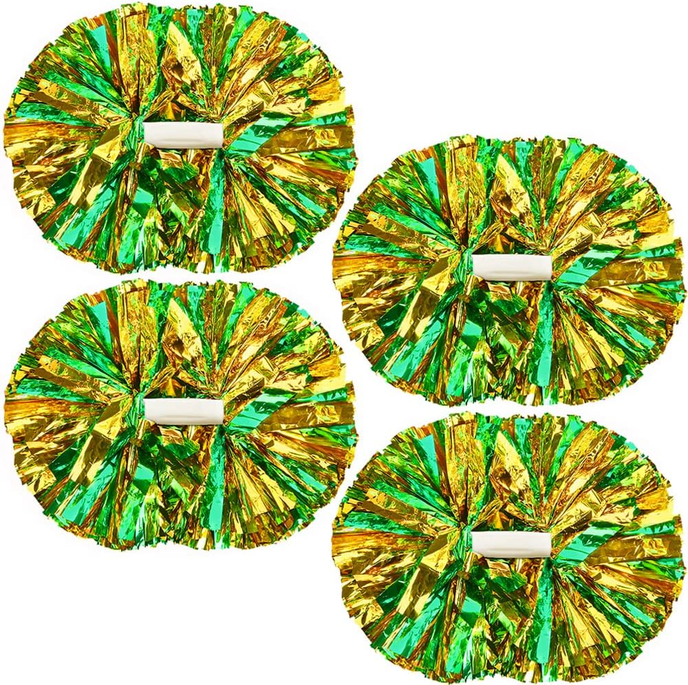 4 Pack Cheerleading Pom Poms,Metallic Cheer Pom Poms with Training Baton Handle for Team Sport Spirit Squad Bulk Cheerleaders(Green and Gold) image number 4