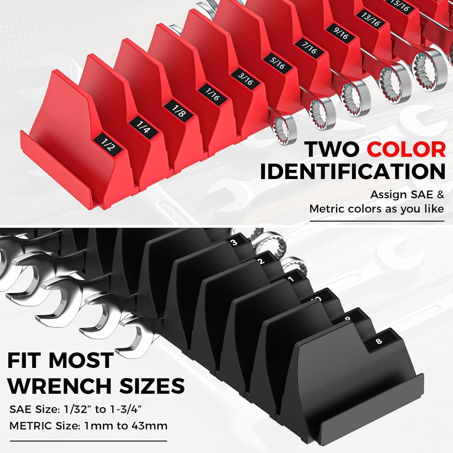 PINOZE 42PCS Magnetic Modular Wrench Organizers for Tool Drawers - Black & Red - Wrench Rack with Metric & SAE Labels, Customizable Magnet Tool Storage Holder for Tool Box Organization image number 4