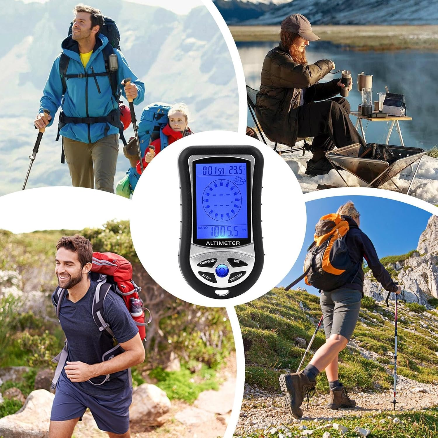 Pocket Altimeter | Multifunction Handheld Temperature Gauge Barometer Compass - Portable Meter Device for Hiking Mountaineering, Time Clock with Backlight image number 1